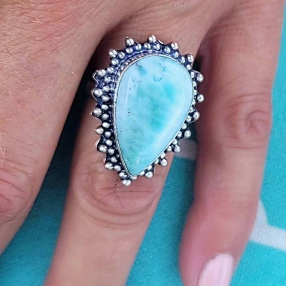🩵 Genuine Larimar Gemstone Ring Sterling Silver 925 Stamped